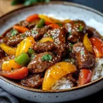 Black Pepper Beef Stir-Fry with Rainbow Peppers and Sesame Finish