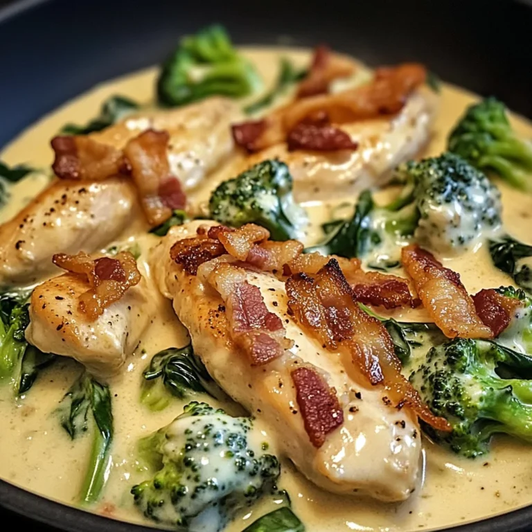 Creamy Garlic Butter Chicken Alfredo with Crispy Bacon, Spinach & Broccoli