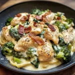 Creamy Garlic Butter Chicken Alfredo with Spinach, Bacon & Broccoli