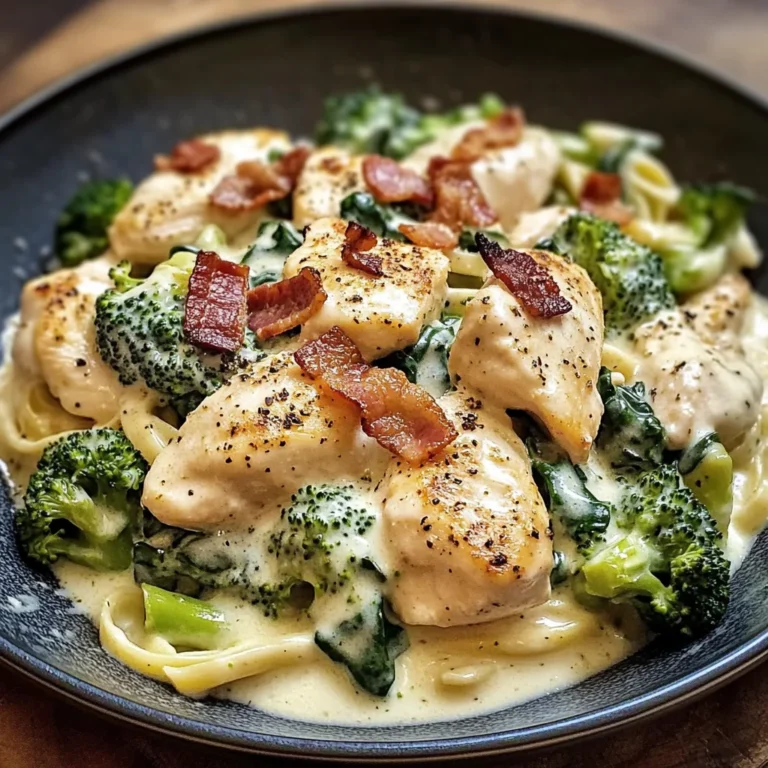 Creamy Garlic Butter Chicken Alfredo with Spinach, Bacon & Broccoli