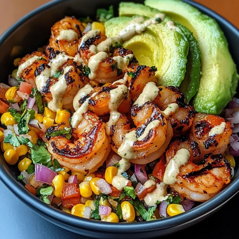 Grilled Shrimp Bowl with Avocado, Corn Salsa & Creamy Garlic Sauce