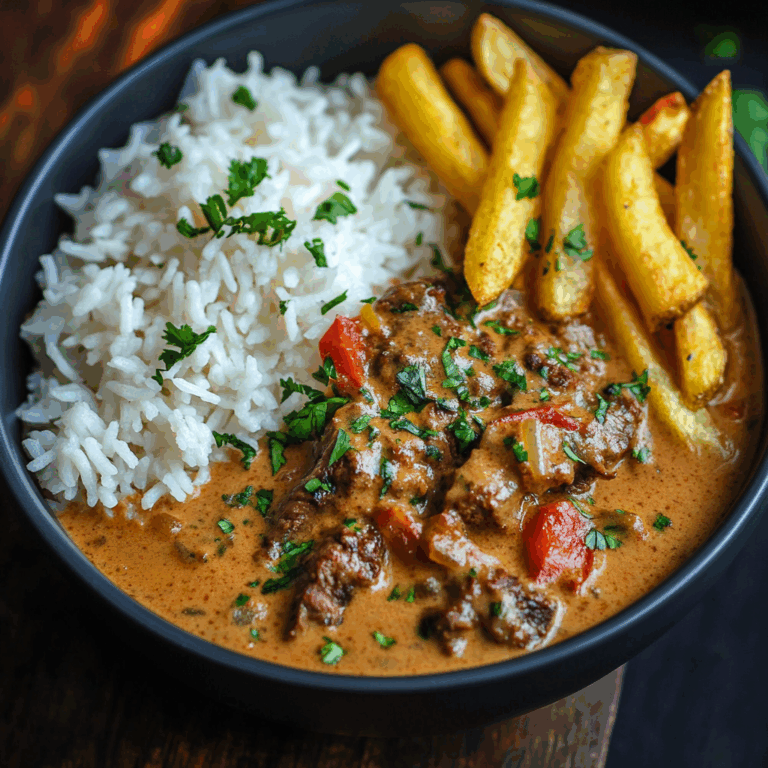 Creamy Coconut Curry Beef with Rice and Fries