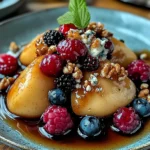 Baked Pears with Berries, Honey, Walnuts & Blue Cheese