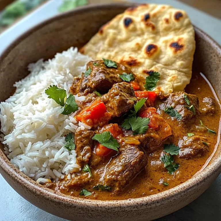 Slow-Cooked Beef in Creamy Coconut Curry with Rice and Garlic Naan