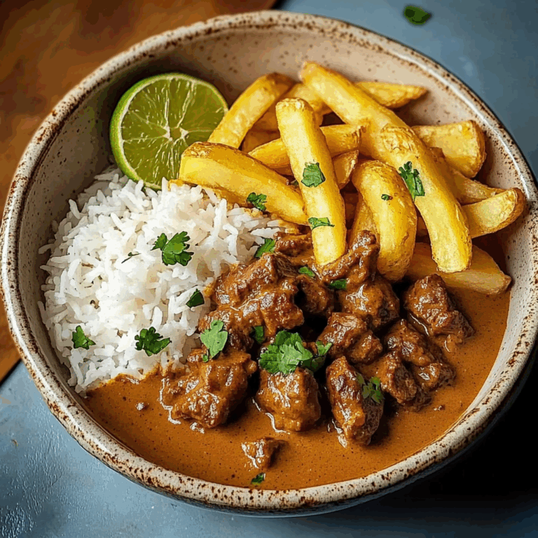 Coconut-Infused Beef Curry with Fries and Rice