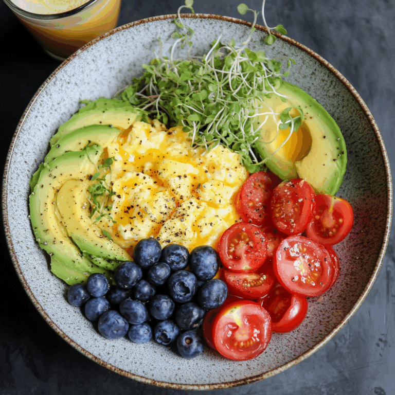 Creamy Scrambled Egg Bowl with Avocado, Microgreens & Veggies