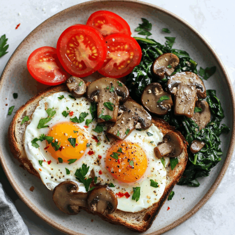 Creamy Tomato & Mushroom Toast Plate with Jammy Eggs & Spinach