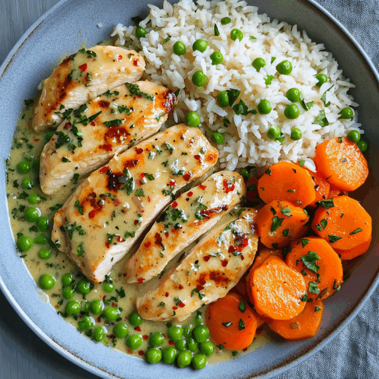 Creamy Garlic Chicken with Fluffy Rice and Glazed Carrots
