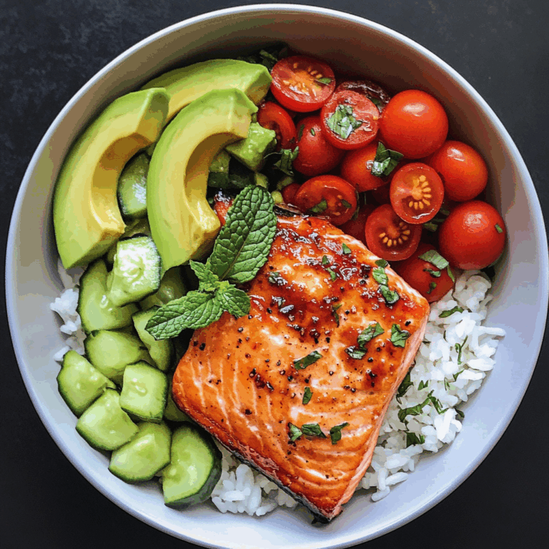 Honey-Glazed Salmon Bowl with Rice, Avocado, Cucumber & Tomato Herb Salad