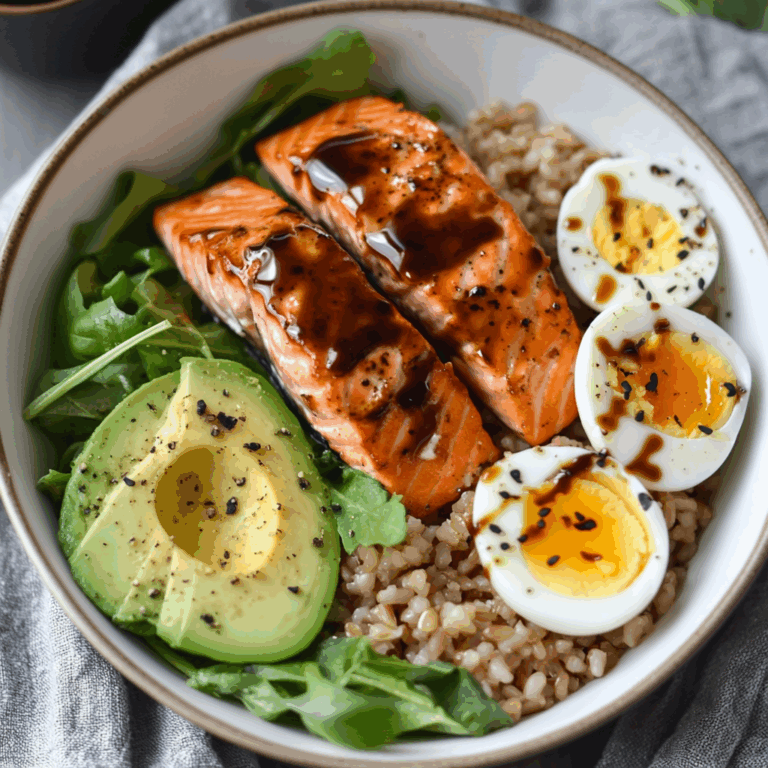 Salmon, Brown Rice & Soft-Boiled Egg Bowl with Avocado