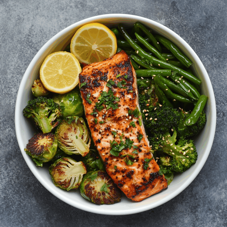 Spiced Salmon Bowl with Roasted Brussels, Sautéed Greens & Steamed Broccoli