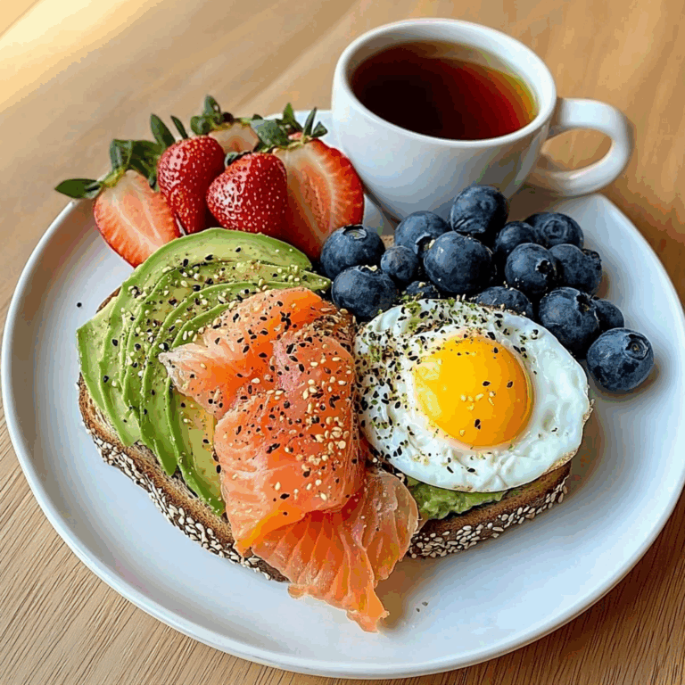 Smoked Salmon & Egg Avocado Toast Plate with Fresh Fruit & Tea