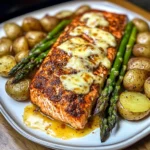 Baked Cajun Salmon with Cheesy Asparagus & Garlic Potatoes