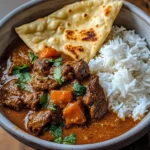 Beef Coconut Curry with Fragrant Rice and Warm Naan