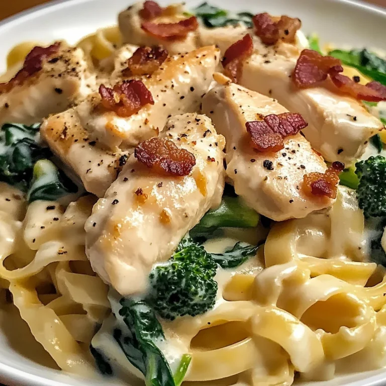 Creamy Chicken Bacon Fettuccine Alfredo with Spinach & Broccoli