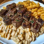 Creamy Garlic Butter Steak Bites with Spicy Cajun Alfredo Twisted Pasta