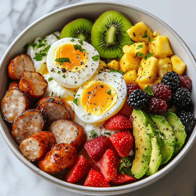 Colorful Cottage Cheese Breakfast Bowl with Soft-Boiled Eggs & Fruit