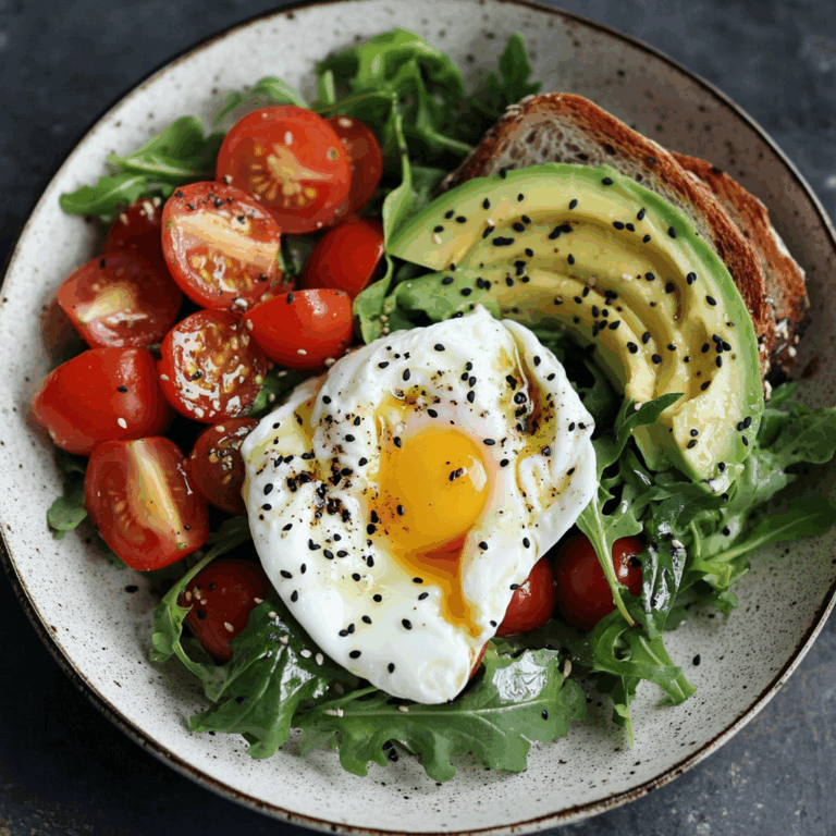 Poached Egg & Arugula Salad with Avocado, Tomato & Cream Cheese Toast