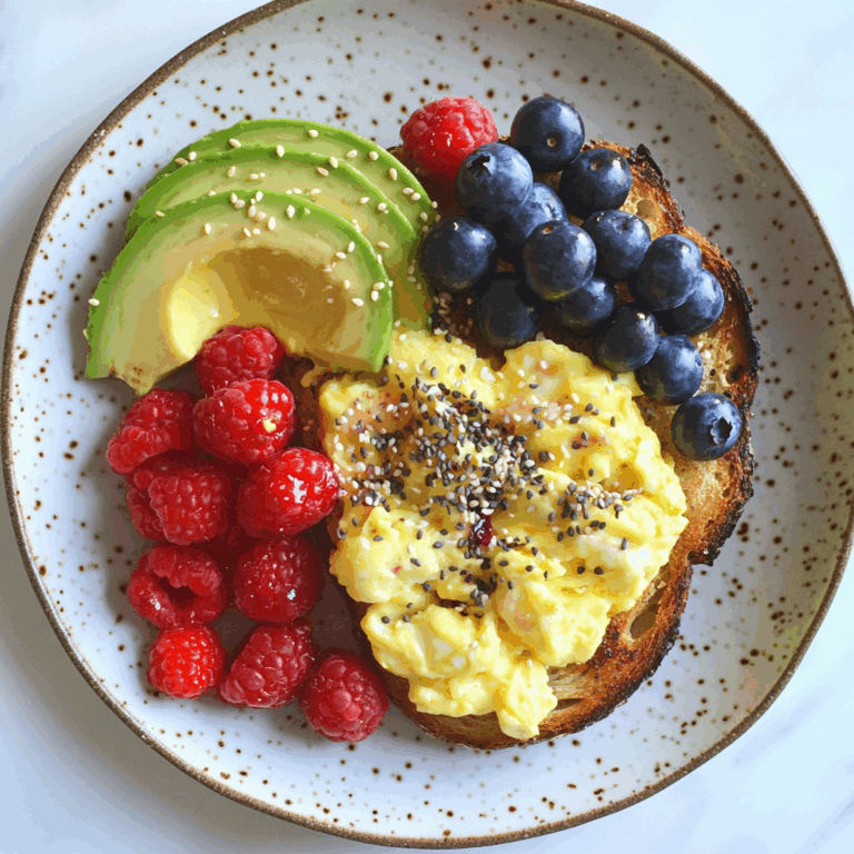 Colorful Breakfast Plate with Scrambled Eggs, Avocado, PB&J Toast & Fresh Berries