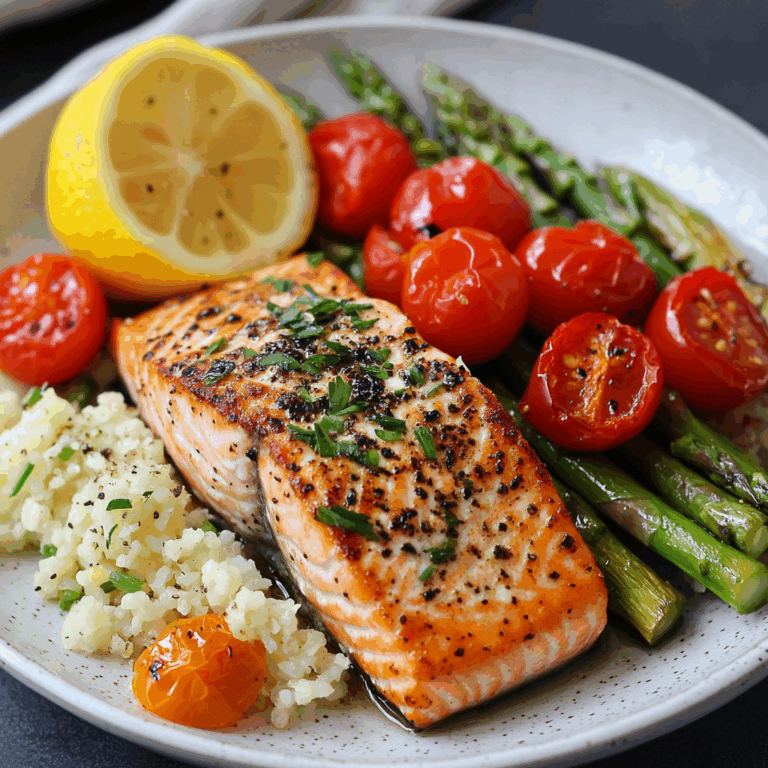 Seared Salmon with Asparagus, Cherry Tomatoes & Cauliflower Rice