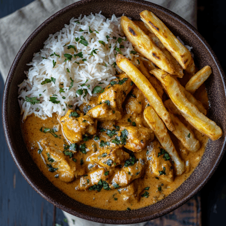 Coconut-Spiced Chicken Curry with Garlic Naan & Golden Fries