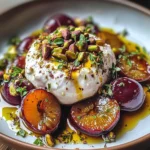 Burrata with Roasted Plums, Pistachios & Thyme