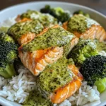 Creamy Pesto Salmon with Broccoli & Rice