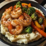Garlic Butter Shrimp with Sautéed Veggies & Creamy Mashed Potatoes