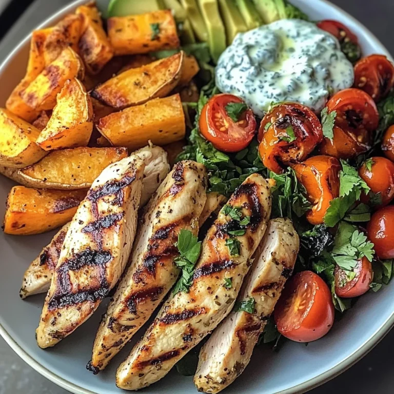 Grilled Chicken Power Plate with Sweet Potatoes & Avocado Salad