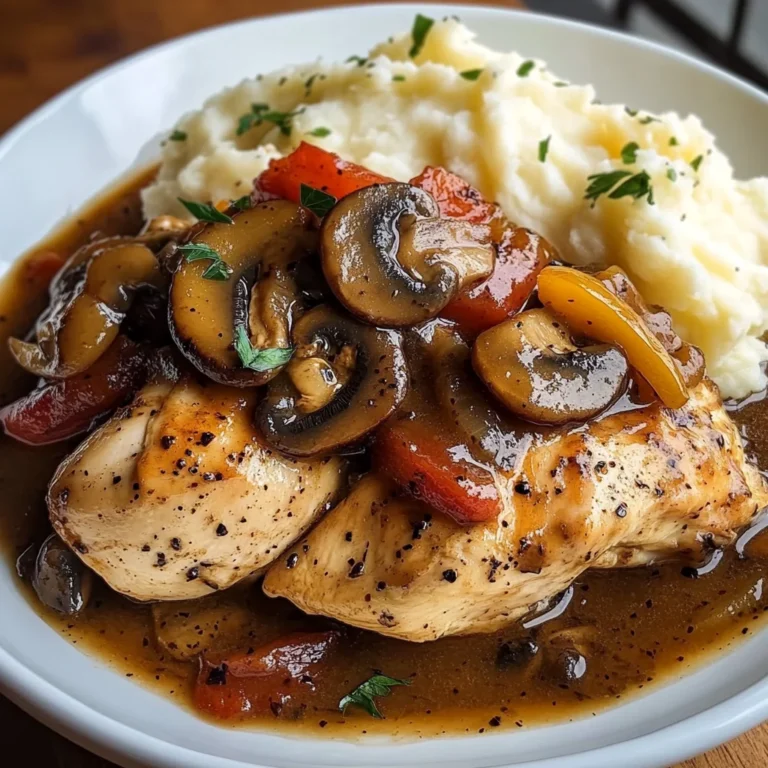 Pan-Seared Chicken with Pepper & Mushroom Gravy and Creamy Mashed Potatoes