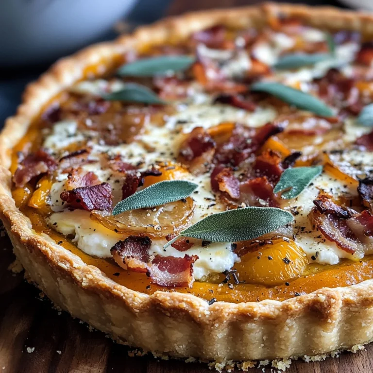 Pumpkin, Ricotta & Caramelized Onion Tart with Turkey Bacon and Sage