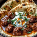 Harissa Beef Meatballs with Yogurt Sauce and Garlic Naan
