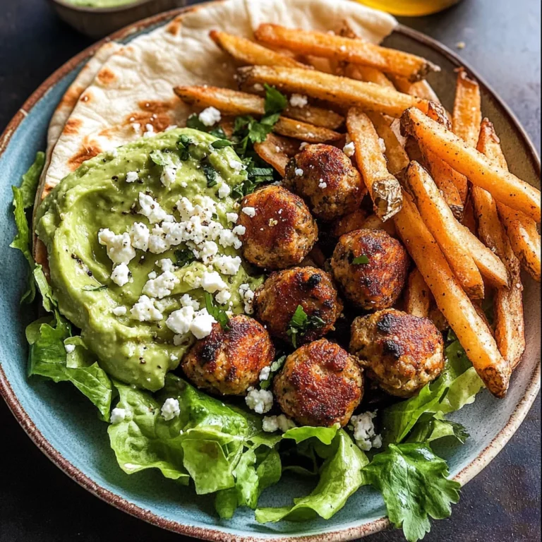 Chicken Meatball Pita Bowls with Seasoned Fries and Feta