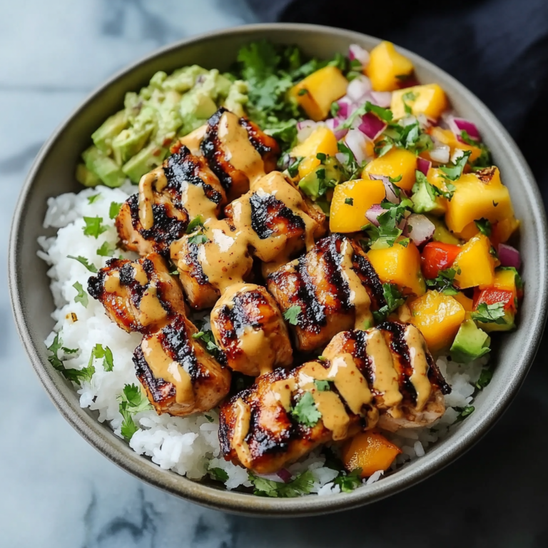 Grilled Maple Sriracha Chicken Bites with Coconut Rice & Mango Avocado Salsa Bowl with Chili Mayo